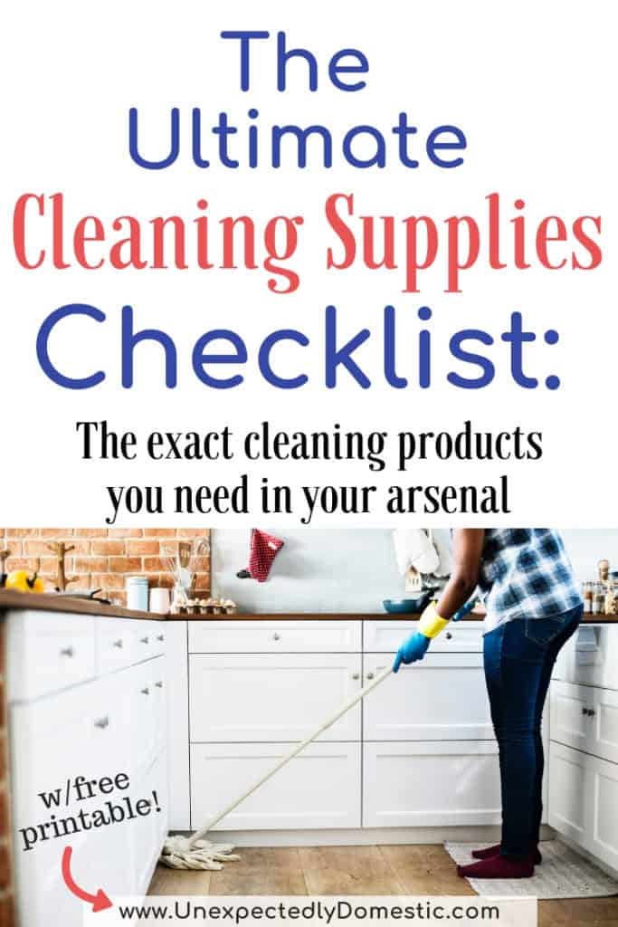 Use this cleaning supplies list printable to stock your home with the best cleaning products and tools for your kitchen, bathroom, and more!