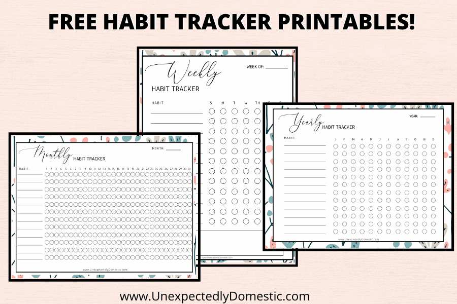 Free habit tracker printable, and 50 ideas of what to track! Weekly, monthly, or yearly habit trackers to succeed with your goal setting and accountability!