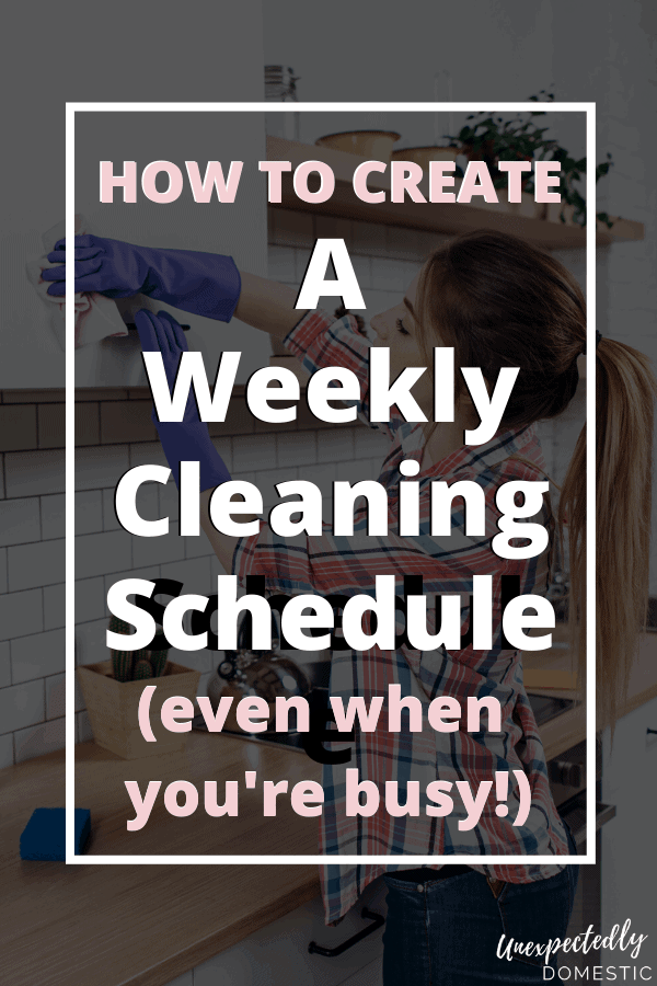 Easy weekly cleaning schedule! This simple weekly house-cleaning routine is a realistic schedule that walks you through what to clean and when, room by room. Free printable blank cleaning schedule template included!