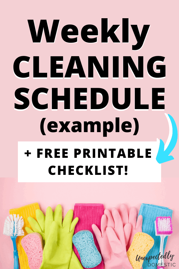 Easy weekly cleaning schedule! This simple weekly house-cleaning routine is a realistic schedule that walks you through what to clean and when, room by room. Free printable blank cleaning schedule template included!