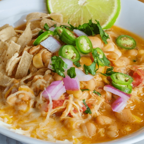 Super easy and flavorful white chicken chili recipe made with just 5 ingredients in about 15 minutes!