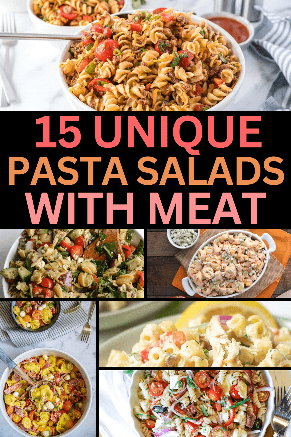 Easy summer pasta salad recipes with chicken, bacon, pepperoni, and ham! From Italian, Greek, Taco and more, these unique pasta salads are sure to be a hit. On hot summer days, nothing beats cold pasta salad, and these recipes with meat are meals on their own! Pasta salad with chicken recipes, greek tortellini pasta salad with chicken, easy pasta salad recipes with meat, pasta salad recipes with pepperoni, pasta salad recipes with ham and turkey, cold pasta salad recipes with bacon and broccoli.