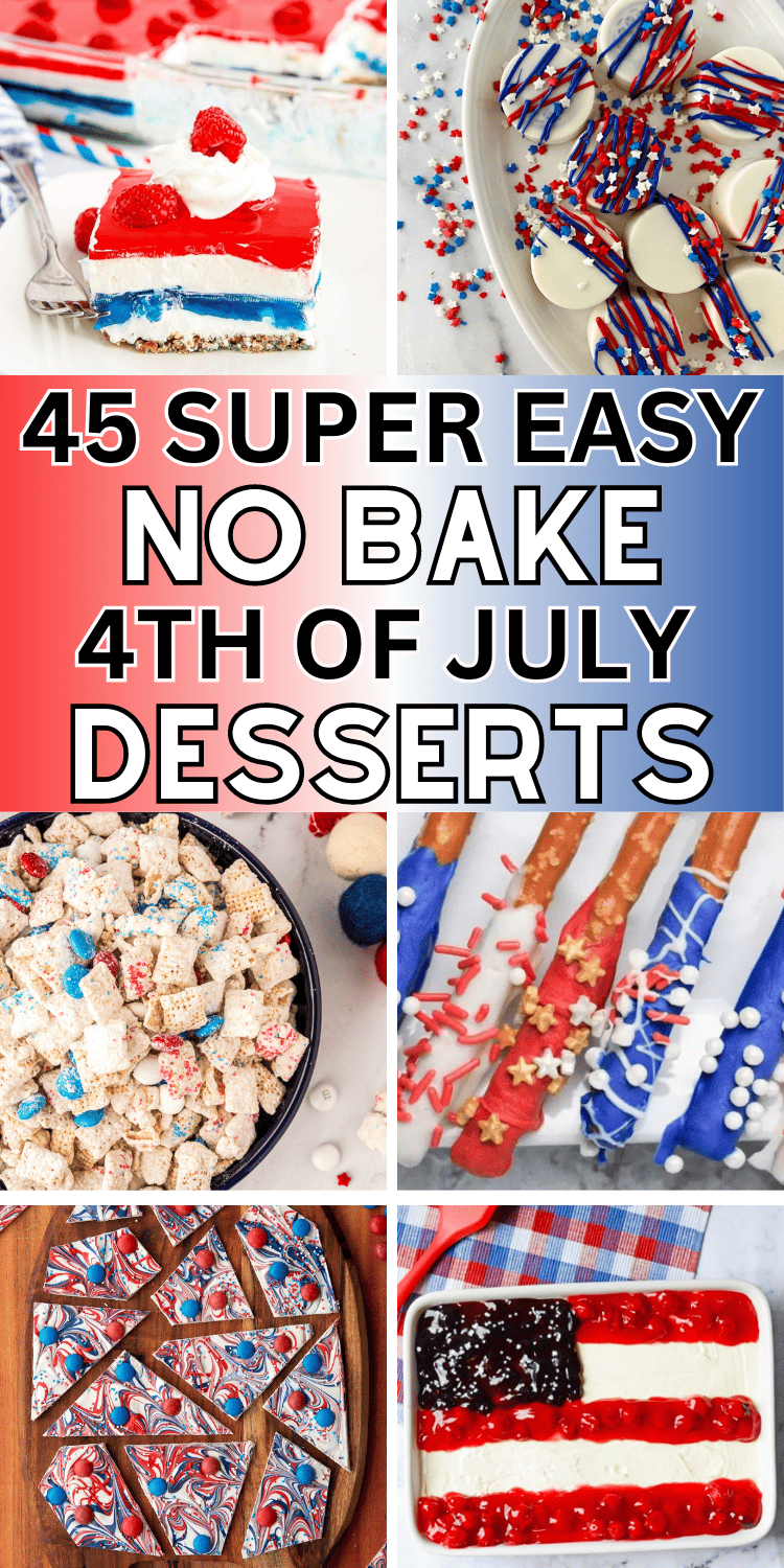 These easy no bake 4th of July desserts are going to be the HIT of the BBQ! You'll make these easy summer no bake desserts on repeat. Red white and blue no bake Fourth of July desserts are refreshing and festive. Easy no bake 4th of july desserts, easy fourth of july desserts no bake, 4th of july desserts for a crowd, patriotic desserts, 4th of July food for a 4th of July party, Memorial Day desserts, red white and blue desserts, easy summer desserts for a crowd 4th of july, Labor Day desserts.