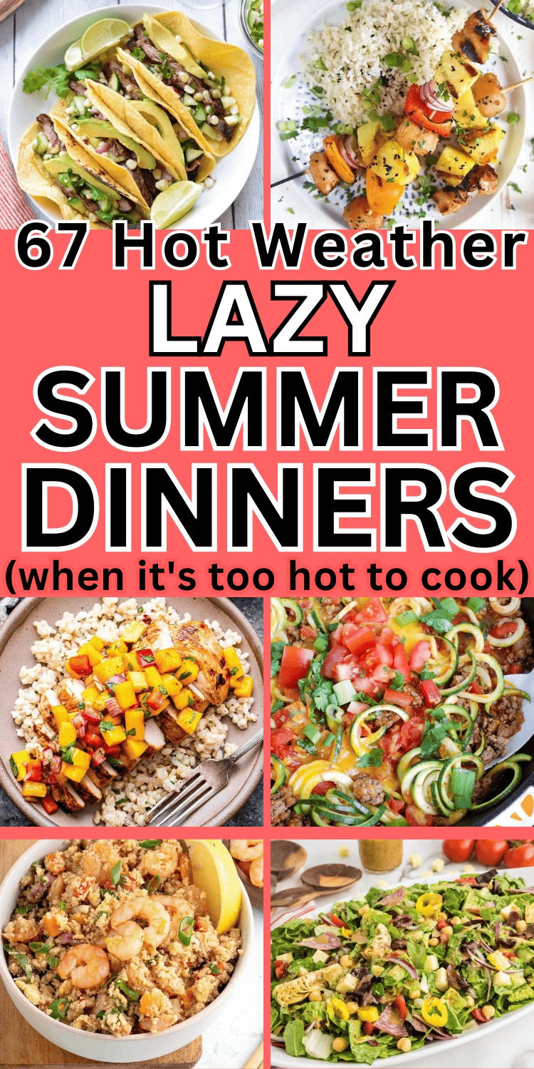 Easy hot weather dinner ideas! These are the perfect meals for hot summer days, when you need a tasty dinner without the fuss. Hot weather dinner ideas healthy, recipes for hot weather, no cook dinners for summer, hot weather food, meals for hot days dinners, summer dinner ideas too hot to cook, no cook dinner ideas summer, meals for a hot day summer dinners, easy summer dinner recipes for family with kids, cheap meals on a budget, no oven dinner ideas, lazy summer dinners, cold meals for summer