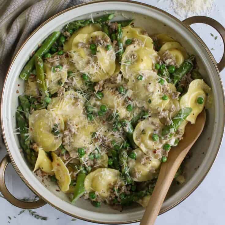 Image for Creamy Asparagus Ravioli with Sausage and Peas