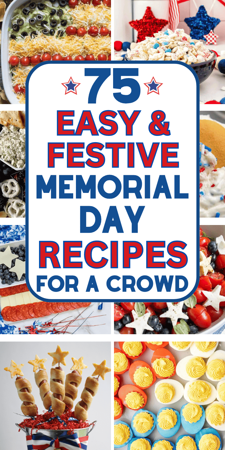 Easy food ideas for Memorial Day BBQ! These simple summer cookout menu ideas are patriotic memorial day food ideas for a crowd. Memorial day food ideas bbq, fun memorial day desserts, grilling ideas for a crowd summer, memorial day food ideas families. Patriotic party food ideas for patriotic holidays like 4th of July cookouts. Memorial day food appetizers easy, backyard bbq party food ideas, easy summer cookout food ideas, summer holiday recipes, patriotic food snacks, bbq appetizers for party.