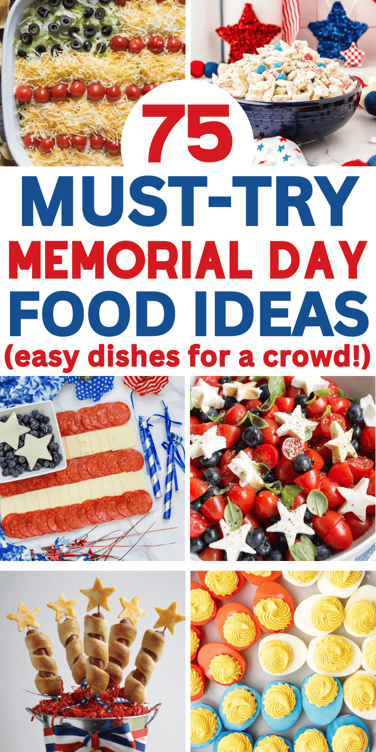 Easy food ideas for Memorial Day BBQ! These simple summer cookout menu ideas are patriotic memorial day food ideas for a crowd. Memorial day food ideas bbq, fun memorial day desserts, grilling ideas for a crowd summer, memorial day food ideas families. Patriotic party food ideas for patriotic holidays like 4th of July cookouts. Memorial day food appetizers easy, backyard bbq party food ideas, easy summer cookout food ideas, summer holiday recipes, patriotic food snacks, bbq appetizers for party.