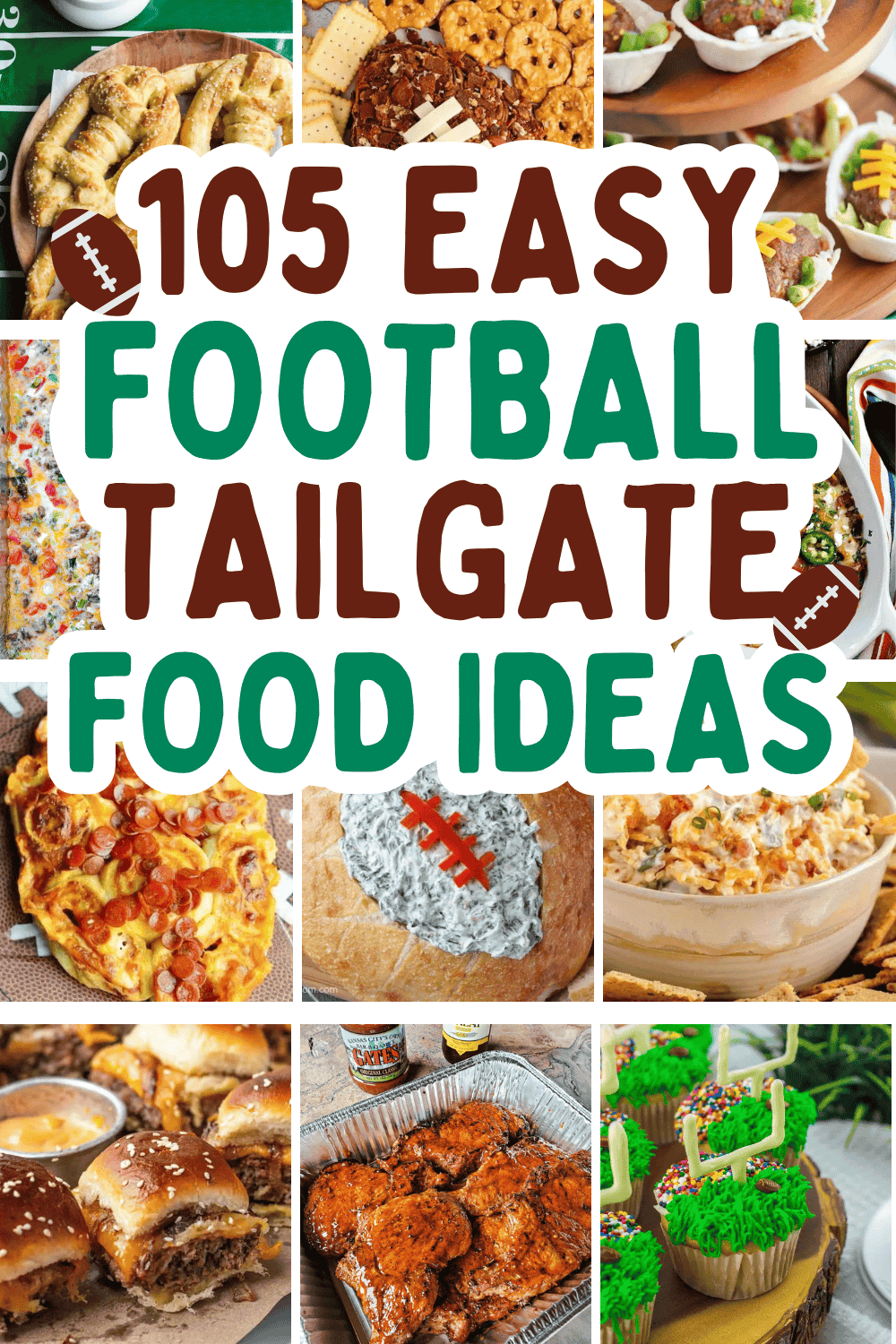 Easy tailgate food ideas! Fun football party foods like easy appetizers, snacks, and finger foods, plus tailgate dinner, lunch, and dessert ideas for a crowd - at home or for travel! Football appetizers easy finger foods, tailgate food crockpot, tailgate food grill, make ahead game day food, football sunday food, make ahead tailgate food ideas, football game snacks, tailgating party food, football game food, breakfast tailgate food, football tailgate food ideas, tailgate desserts, tailgate menu.