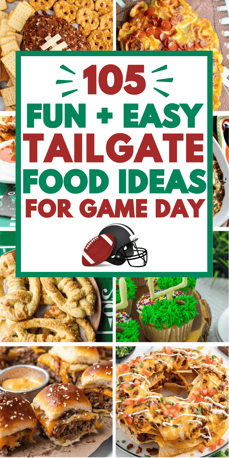 Easy tailgate food ideas! Fun football party foods like easy appetizers, snacks, and finger foods, plus tailgate dinner, lunch, and dessert ideas for a crowd - at home or for travel! Football appetizers easy finger foods, tailgate food crockpot, tailgate food grill, make ahead game day food, football sunday food, make ahead tailgate food ideas, football game snacks, tailgating party food, football game food, breakfast tailgate food, football tailgate food ideas, tailgate desserts, tailgate menu.