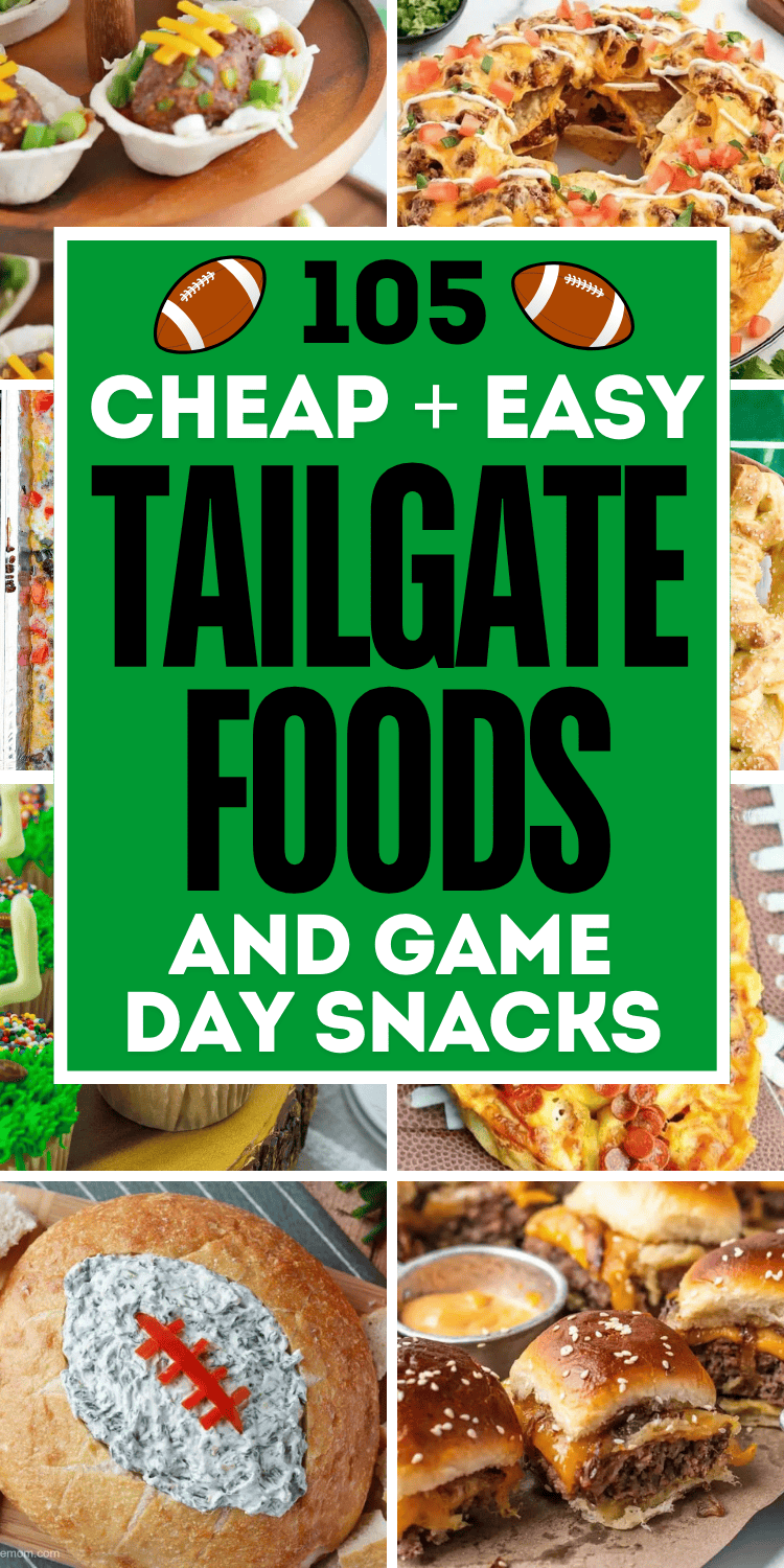 Cheap and easy tailgate food ideas and quick game day snacks for football season. These fall football snacks are good tailgating food for at the game or at home. Fun football party foods like easy appetizers, snacks, sides, plus tailgate dinner, lunch, & dessert ideas for a crowd. Football appetizers easy finger foods, tailgate food crockpot, football sunday food, make ahead tailgate food ideas, tailgating party food, football game food, breakfast tailgate food, tailgate desserts, tailgate menu.