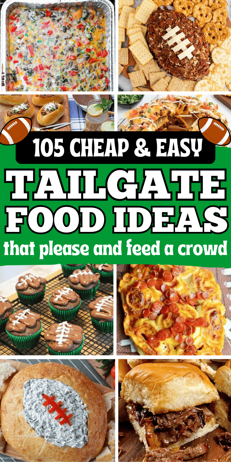 Cheap and easy tailgate food ideas and quick game day snacks for football season. These fall football snacks are good tailgating food for at the game or at home. Fun football party foods like easy appetizers, snacks, sides, plus tailgate dinner, lunch, & dessert ideas for a crowd. Football appetizers easy finger foods, tailgate food crockpot, football sunday food, make ahead tailgate food ideas, tailgating party food, football game food, breakfast tailgate food, tailgate desserts, tailgate menu.