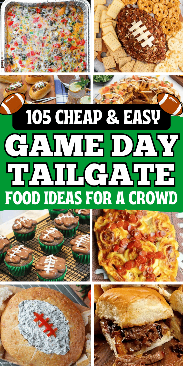 Cheap and easy tailgate food ideas and quick game day snacks for football season. These fall football snacks are good tailgating food for at the game or at home. Fun football party foods like easy appetizers, snacks, sides, plus tailgate dinner, lunch, & dessert ideas for a crowd. Football appetizers easy finger foods, tailgate food crockpot, football sunday food, make ahead tailgate food ideas, tailgating party food, football game food, breakfast tailgate food, tailgate desserts, tailgate menu.