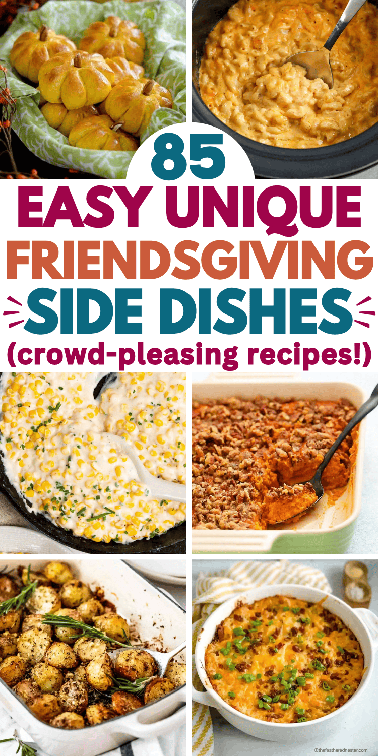 Easy Friendsgiving side dishes! Fun side dishes for Friendsgiving like easy crockpot recipes, make ahead casseroles, healthy salads, and fall themed sides. Friendsgiving food ideas, friendsgiving menu ideas, friendsgiving dinner party recipes, friendsgiving work potluck, best thanksgiving dishes for a crowd, friendsgiving party food, holiday side dishes, make ahead side dishes, turkey side dishes, fall potluck food, sides that go with turkey, potluck side dishes, friendsgiving aesthetic food.