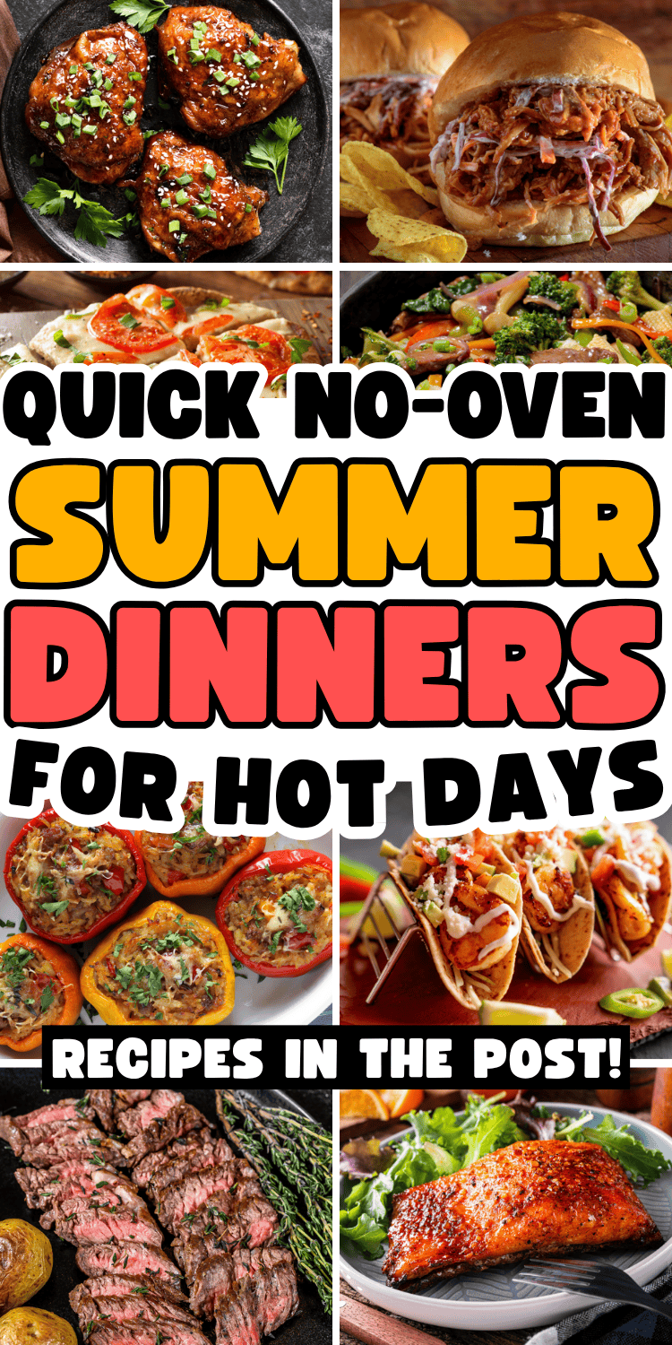 Easy no oven meals! Keep the kitchen cool and the whole family happy with these no oven recipes perfect for busy weeknights and quick meals on hot days. From easy no bake dinner recipes to kid-approved meals, you’ll find light summer dinners everyone will actually eat. Perfect for picky eaters, these oven-free meals come together fast. Easy no cook meals, light summer meals, dinner ideas no oven, meals for hot summer days, no oven dinner recipes, easy recipes no oven, dinner ideas for hot days summer, no oven meals, summer no oven dinners, no cook summer meals, warm weather dinner ideas, quick easy summer dinners, simple summer suppers, hot weather dinner ideas, oven free meals, hot night dinner Ideas, no bake meals, quick meals for hot days, to hot to cook dinner ideas, summer recipes.
