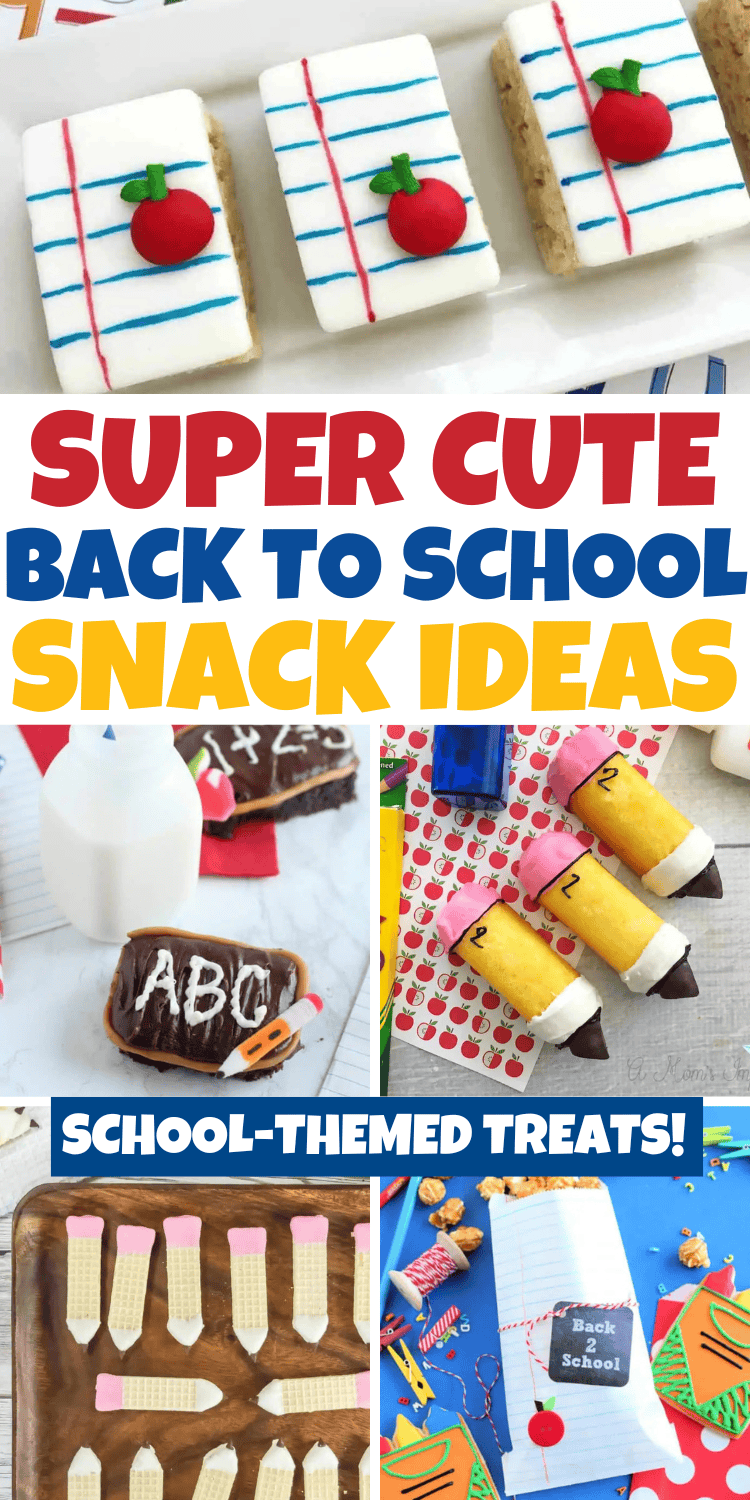 Cute back to school snacks! These easy school themed treats make the perfect classroom snacks, back to school party food ideas, bake sale treats, or after school snacks. Back to school recipes, no bake sweet treats, back to school snack board, apple treats, cute school snack ideas, first day of school food ideas, book themed snacks, back to school food ideas, back to school snack ideas for students, 1st day of school lunch ideas, back to school party treats, fun school snacks, school themed snacks, homeschool food ideas, back to school cookies, apple snacks, back to school treats for teachers, homemade snacks, school party snacks, back to school desserts, back to school baking ideas, back to school potluck ideas, no bake snacks, treats to bring to school, back to school breakfast ideas.